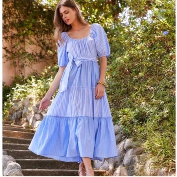 Fifteen Twenty Cotton Striped Blue White Tie Tiered Peasant Midi Cottage Dress L - Picture 13 of 13